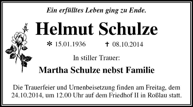  Traueranzeige für Helmut Schulze vom 19.10.2014 aus Super Sonntag Dessau / Köthen