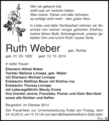 Traueranzeige von Ruth Weber von Super Sonntag Zeitz