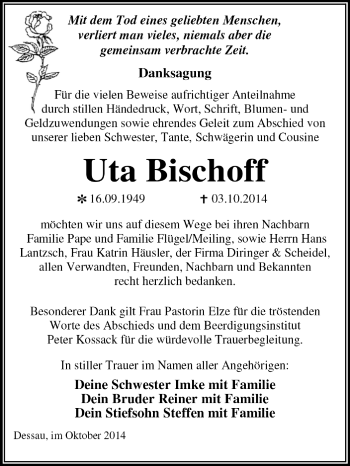 Traueranzeige von Uta Bischoff von Super Sonntag Dessau / Köthen