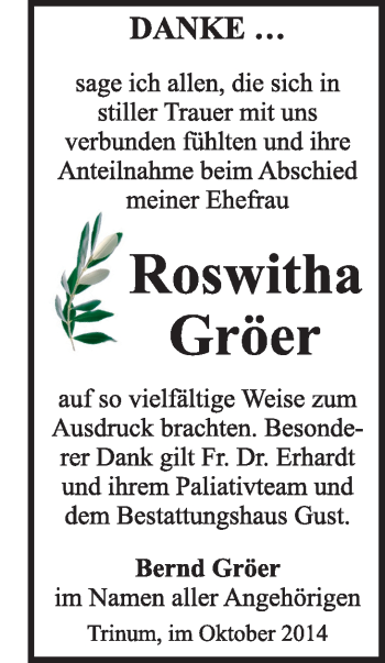 Traueranzeige von Roswitha Gröer von Super Sonntag Dessau / Köthen