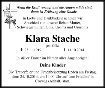 Traueranzeige von Klara Stache von Super Sonntag Dessau / Köthen