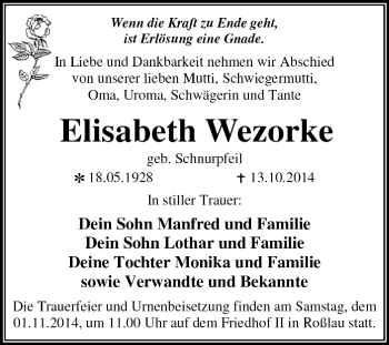 Traueranzeige von Elisabeth Wezorke von Super Sonntag Dessau / Köthen