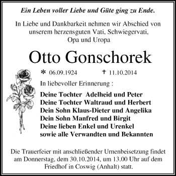 Traueranzeige von Otto Gonschorek von Super Sonntag Dessau / Köthen
