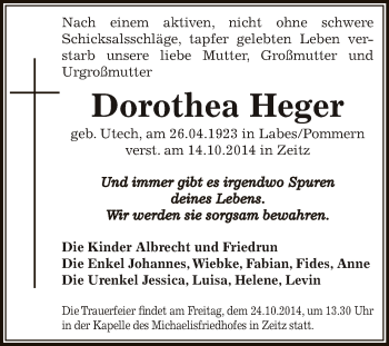 Traueranzeige von Dorothea Heger von Super Sonntag Zeitz