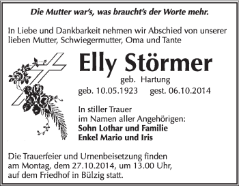 Traueranzeige von Elly Störmer von WVG - Wochenspiegel Wittenberg