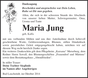Traueranzeige von Maria Jung von WVG - Wochenspiegel Merseburg