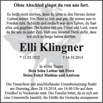 Traueranzeige von Elli Klingner von WVG - Wochenspiegel Wittenberg