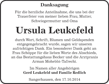 Traueranzeige von Ursula Leukefeld von Super Sonntag SGH Mansf. Land