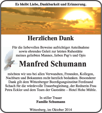 Traueranzeige von Manfred Schumann von Super Sonntag Wittenberg