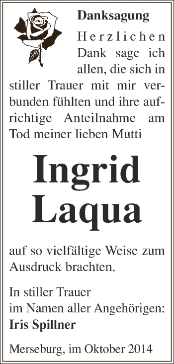 Traueranzeige von Ingrid Laqua von WVG - Wochenspiegel Merseburg