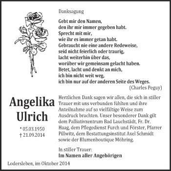 Traueranzeige von Angelika Ulrich von WVG - Wochenspiegel NMB / WSF / ZTZ