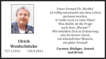 Traueranzeige von Ulrich Woidschützke von WVG - Wochenspiegel NMB / WSF / ZTZ