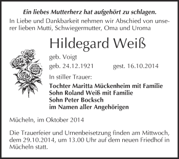 Traueranzeige von Hildegard Weiß von WVG - Wochenspiegel Merseburg