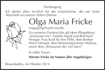 Traueranzeige von Olga Maria Fricke von WVG - Wochenspiegel Merseburg