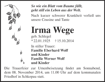 Traueranzeige von Irma Wege von WVG - Wochenspiegel Merseburg