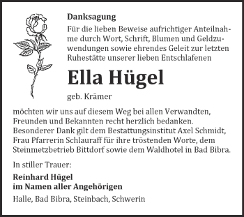 Traueranzeige von Ella Hügel von WVG - Wochenspiegel NMB / WSF / ZTZ