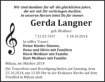 Traueranzeige von Gerda Langner von WVG - Wochenspiegel Merseburg