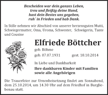 Traueranzeige von Elfriede Böttcher von Super Sonntag Merseburg