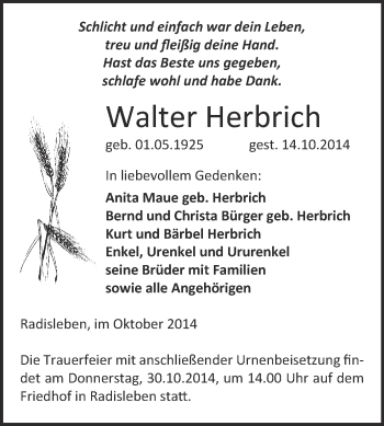 Traueranzeige von Walter Herbrich von WVG - Wochenspiegel Quedlinburg