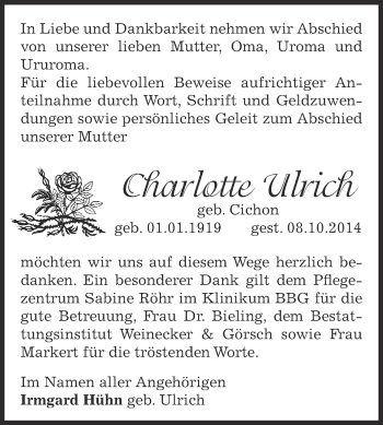 Traueranzeige von Charlotte Ulrich von Super Sonntag Bernburg