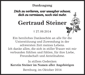 Traueranzeige von Gertraud Steiner von Super Sonntag Bernburg