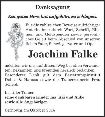 Traueranzeige von Joachim Falke von Super Sonntag Bernburg