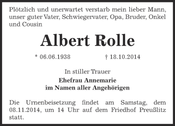 Traueranzeige von Albert Rolle von Super Sonntag Bernburg