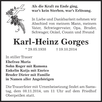 Traueranzeige von Karl-Heinz Gorges von Super Sonntag Bernburg