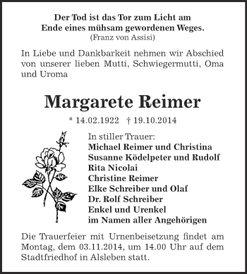 Traueranzeige von Margarete Reimer von Super Sonntag Bernburg