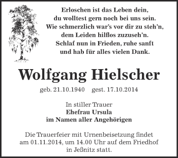 Traueranzeige von Wolfgang Hielscher von WVG - Wochenspiegel Bitterfeld
