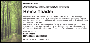 Traueranzeige von Heinz Thäder von WVG - Wochenspiegel Aschersleben