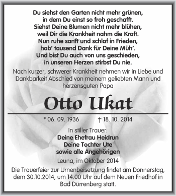 Traueranzeige von Otto Ukat von Super Sonntag Merseburg