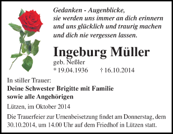 Traueranzeige von Ingeburg Müller von WVG - Wochenspiegel Merseburg