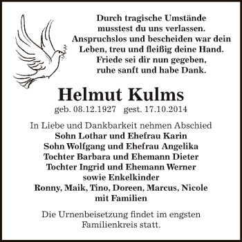 Traueranzeige von Helmut Kulms von Super Sonntag Bernburg