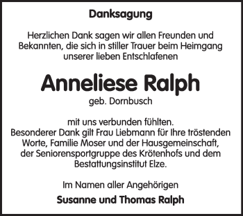 Traueranzeige von Anneliese Ralph von Super Sonntag Dessau / Köthen