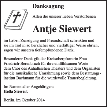 Traueranzeige von Antje Siewert von Super Sonntag Dessau / Köthen