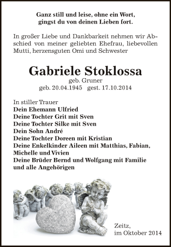 Traueranzeige von Gabriele Stoklossa von Super Sonntag Zeitz