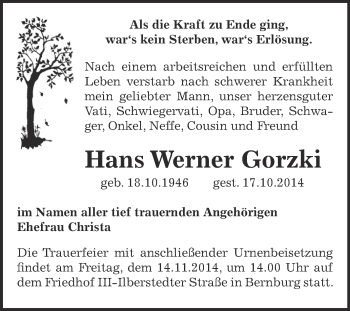 Traueranzeige von Hans Werner Gorzki von Super Sonntag Bernburg