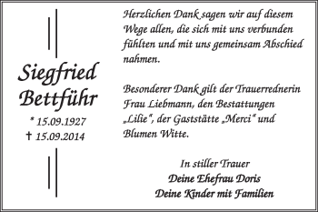 Traueranzeige von Siegfried Bettführ von Super Sonntag Dessau / Köthen