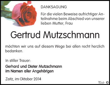 Traueranzeige von Gertrud Mutzschmann von Super Sonntag Zeitz