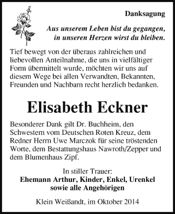 Traueranzeige von Elisabeth Eckner von Super Sonntag Dessau / Köthen