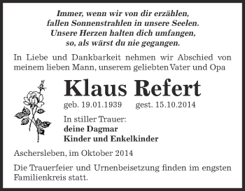 Traueranzeige von Klaus Refert von Super Sonntag Aschersleben