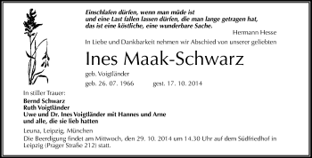 Traueranzeige von Ines Maak-Schwarz von Super Sonntag Merseburg