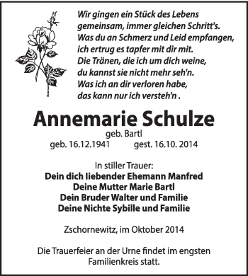 Traueranzeige von Annemarie Schulze von WVG - Wochenspiegel Wittenberg