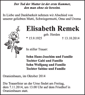 Traueranzeige von Elisabeth Remek von WVG - Wochenspiegel Wittenberg