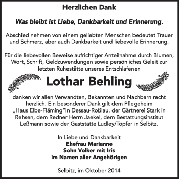 Traueranzeige von Lothar Behling von WVG - Wochenspiegel Wittenberg