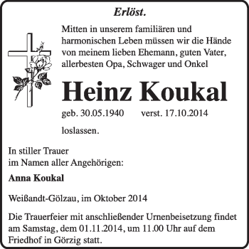 Traueranzeige von Heinz Koukal von Super Sonntag Dessau / Köthen