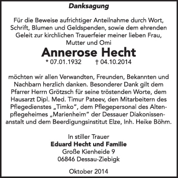 Traueranzeige von Annerose Hecht von Super Sonntag Dessau / Köthen