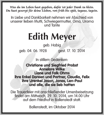 Traueranzeige von Edith Meyer von WVG - Wochenspiegel Quedlinburg