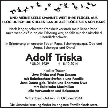 Traueranzeige von Adolf Triska von WVG - Wochenspiegel Wittenberg